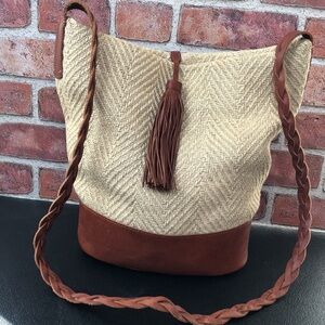 Lucky Brand Woven Natural Fiber Leather Bucket Bag crossbody